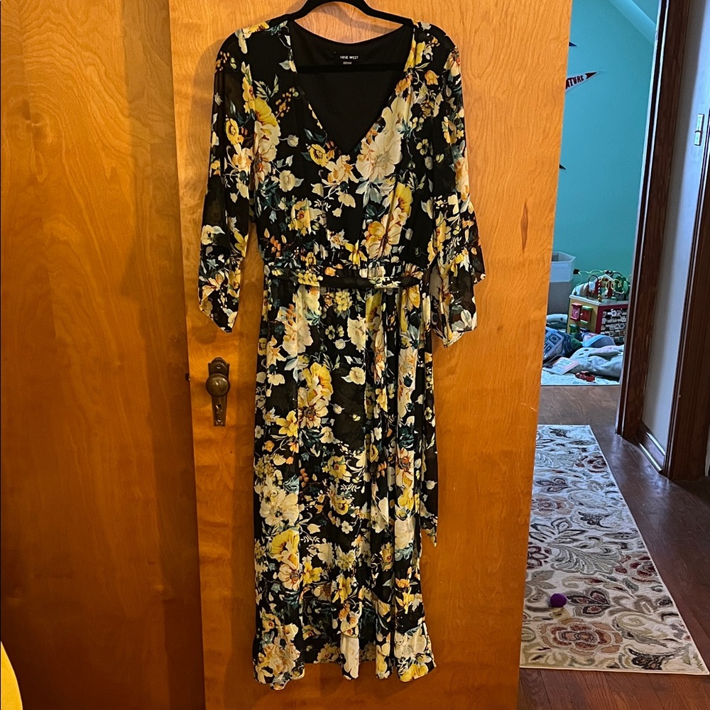 Nine West Black Floral Wrap Maxi Dress with Yellow Accents